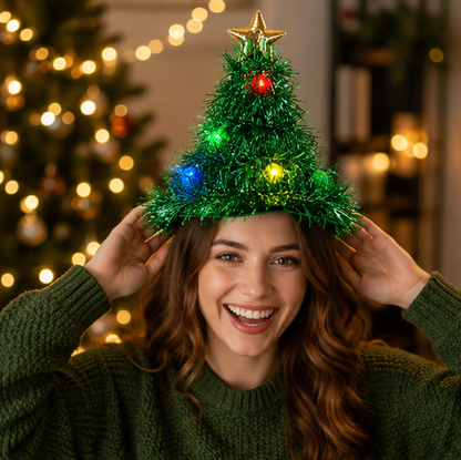 LED Light Up Santa Hat – Glowing Christmas Tree Ribbon Cap for Holiday Parties, Costumes, Photos and Festive Celebrations