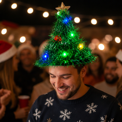 LED Light Up Santa Hat – Glowing Christmas Tree Ribbon Cap for Holiday Parties, Costumes, Photos and Festive Celebrations