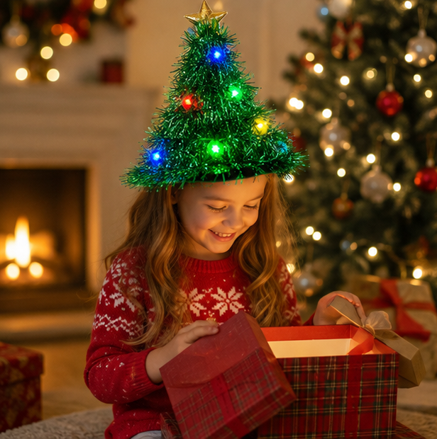 LED Light Up Santa Hat – Glowing Christmas Tree Ribbon Cap for Holiday Parties, Costumes, Photos and Festive Celebrations