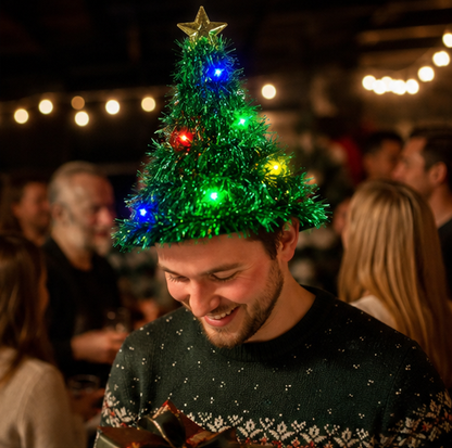 LED Light Up Santa Hat – Glowing Christmas Tree Ribbon Cap for Holiday Parties, Costumes, Photos and Festive Celebrations