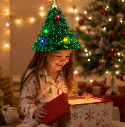 LED Light Up Santa Hat – Glowing Christmas Tree Ribbon Cap for Holiday Parties, Costumes, Photos and Festive Celebrations