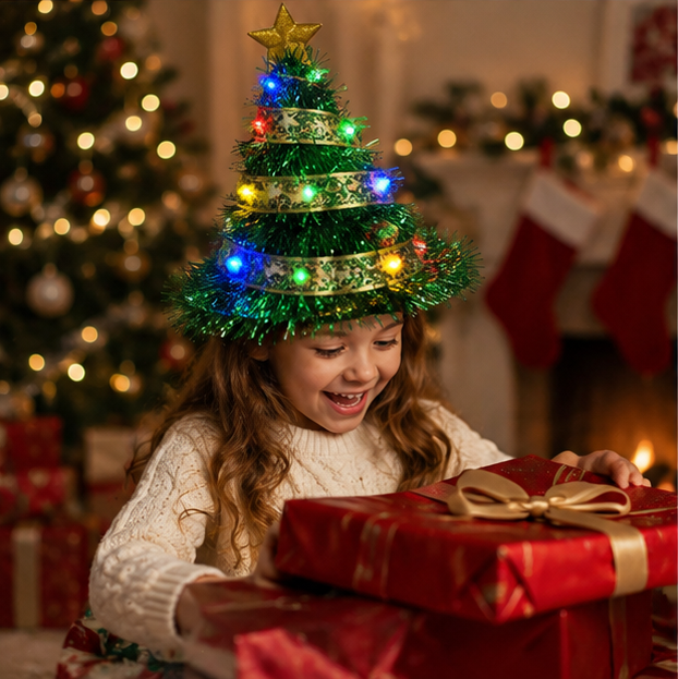 LED Light Up Santa Hat – Glowing Christmas Tree Ribbon Cap for Holiday Parties, Costumes, Photos and Festive Celebrations
