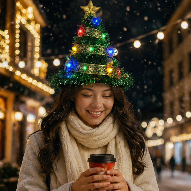 LED Light Up Santa Hat – Glowing Christmas Tree Ribbon Cap for Holiday Parties, Costumes, Photos and Festive Celebrations
