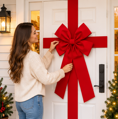Large Christmas Door Bow – Premium Red Organza Hanging Decoration for Front Doors, Wreaths, Weddings, Holiday Parties and Festive Home Decor