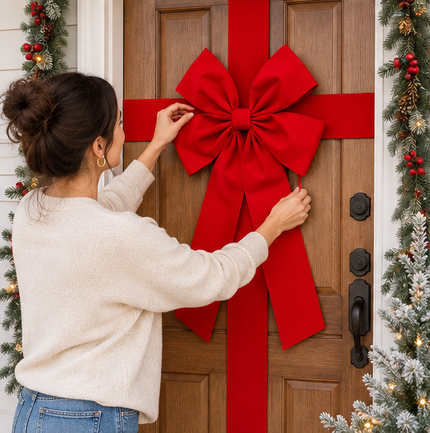 Large Christmas Door Bow – Premium Red Organza Hanging Decoration for Front Doors, Wreaths, Weddings, Holiday Parties and Festive Home Decor