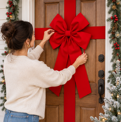 Large Christmas Door Bow – Premium Red Organza Hanging Decoration for Front Doors, Wreaths, Weddings, Holiday Parties and Festive Home Decor