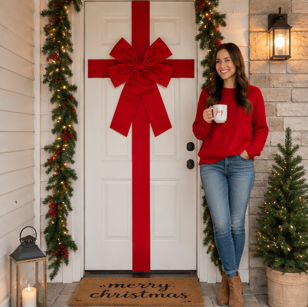 Large Christmas Door Bow – Premium Red Organza Hanging Decoration for Front Doors, Wreaths, Weddings, Holiday Parties and Festive Home Decor