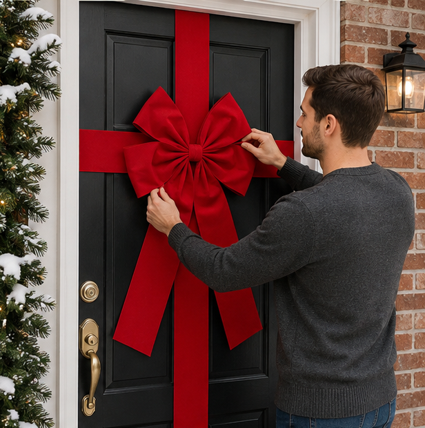 Large Christmas Door Bow – Premium Red Organza Hanging Decoration for Front Doors, Wreaths, Weddings, Holiday Parties and Festive Home Decor