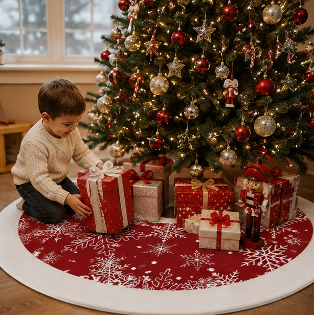 Large Christmas Tree Skirt – 60cm Anti-Slip Elk and Snowflake Holiday Floor Mat for Elegant Christmas Tree Base Home Decoration