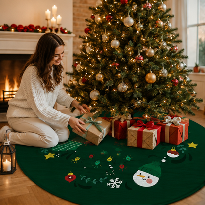 Large Christmas Tree Skirt – 60cm Anti-Slip Elk and Snowflake Holiday Floor Mat for Elegant Christmas Tree Base Home Decoration