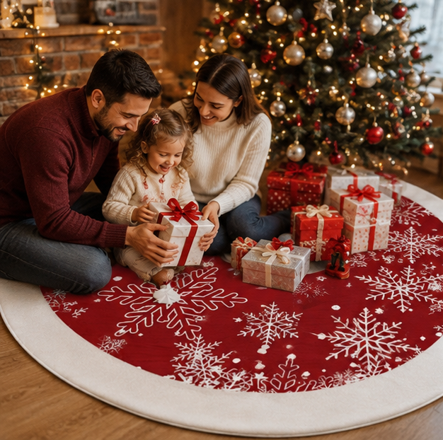 Large Christmas Tree Skirt – 60cm Anti-Slip Elk and Snowflake Holiday Floor Mat for Elegant Christmas Tree Base Home Decoration