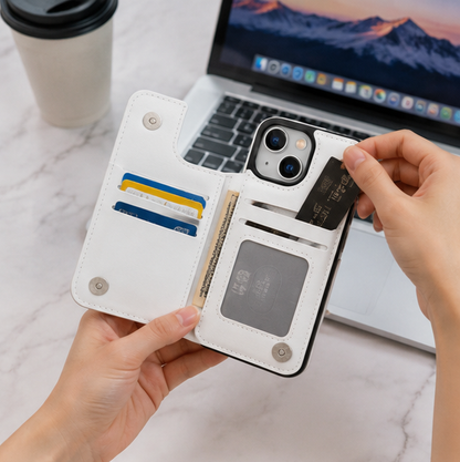 Leather Wallet iPhone Case – Wireless Charging Compatible Protective Flip Cover with Card Holder and Stand Function