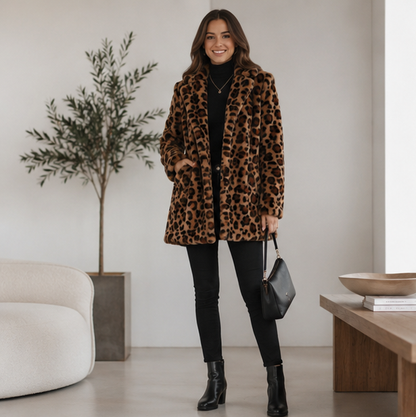Leopard Print Faux Fur Coat-Womens Fashion Overcoat with Turn Down Collar and Cozy Winter Elegance