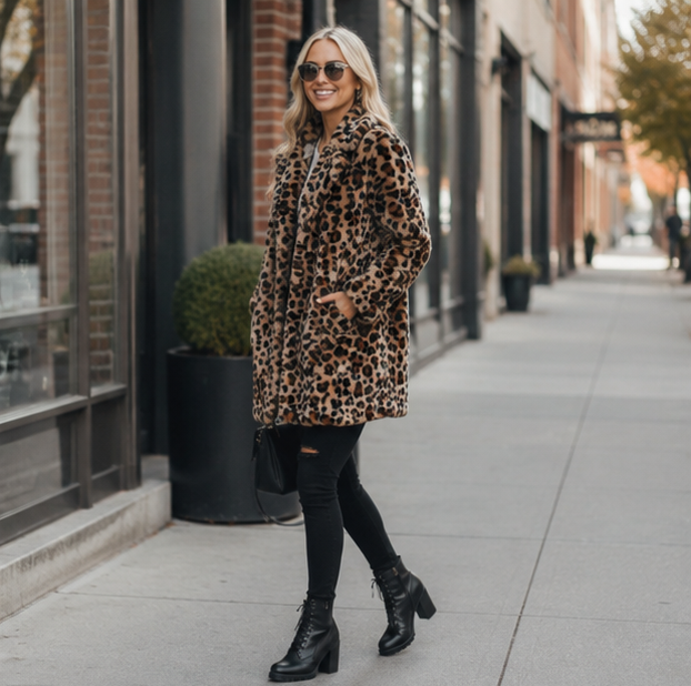 Leopard Print Faux Fur Coat-Womens Fashion Overcoat with Turn Down Collar and Cozy Winter Elegance