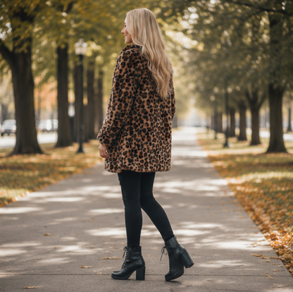 Leopard Print Faux Fur Coat-Womens Fashion Overcoat with Turn Down Collar and Cozy Winter Elegance