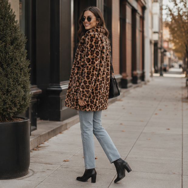 Leopard Print Faux Fur Coat-Womens Fashion Overcoat with Turn Down Collar and Cozy Winter Elegance