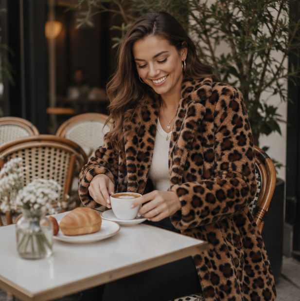 Leopard Print Faux Fur Coat-Womens Fashion Overcoat with Turn Down Collar and Cozy Winter Elegance