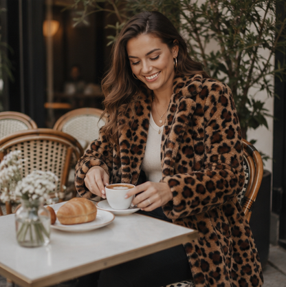 Leopard Print Faux Fur Coat-Womens Fashion Overcoat with Turn Down Collar and Cozy Winter Elegance