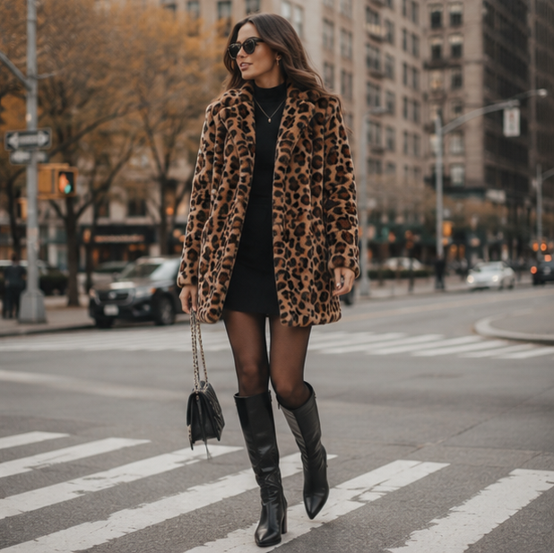 Leopard Print Faux Fur Coat-Womens Fashion Overcoat with Turn Down Collar and Cozy Winter Elegance