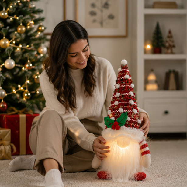 Light Up Christmas Gnome – Plush Knitted Elf Holiday Decoration with Warm LED Glow for Tables, Shelves, Mantels and Festive Displays