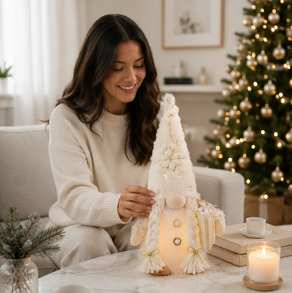 Light Up Christmas Gnome – Plush Knitted Elf Holiday Decoration with Warm LED Glow for Tables, Shelves, Mantels and Festive Displays