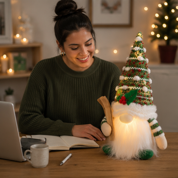 Light Up Christmas Gnome – Plush Knitted Elf Holiday Decoration with Warm LED Glow for Tables, Shelves, Mantels and Festive Displays