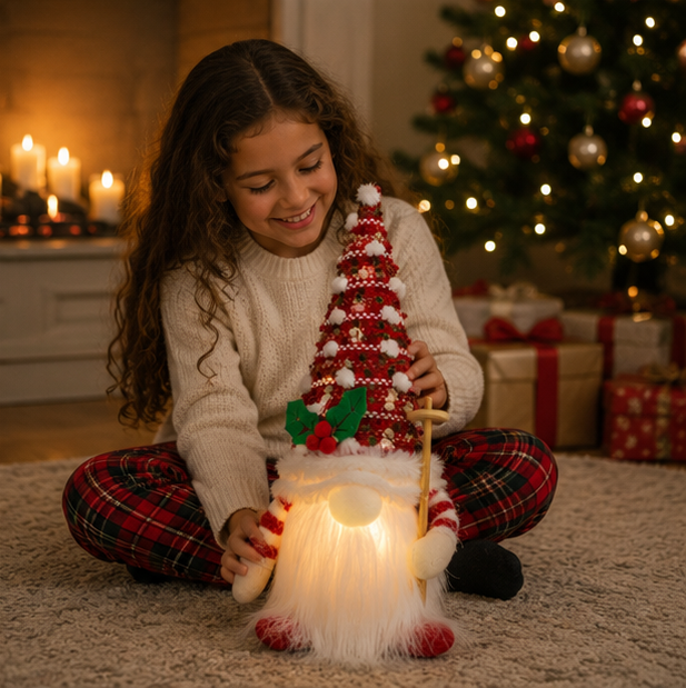 Light Up Christmas Gnome – Plush Knitted Elf Holiday Decoration with Warm LED Glow for Tables, Shelves, Mantels and Festive Displays