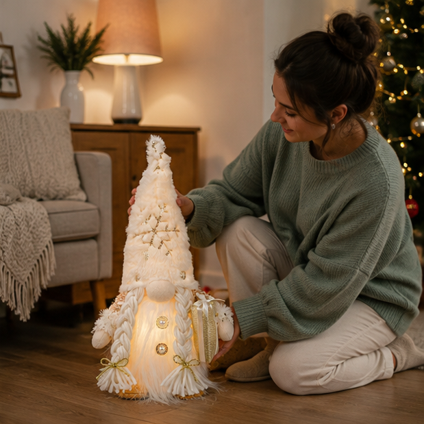Light Up Christmas Gnome – Plush Knitted Elf Holiday Decoration with Warm LED Glow for Tables, Shelves, Mantels and Festive Displays