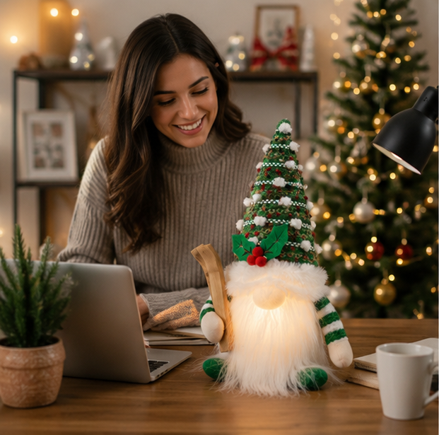 Light Up Christmas Gnome – Plush Knitted Elf Holiday Decoration with Warm LED Glow for Tables, Shelves, Mantels and Festive Displays
