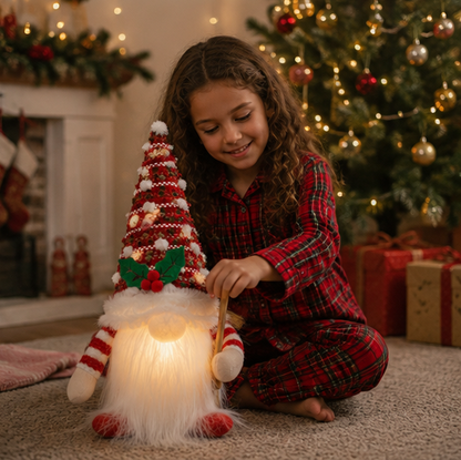 Light Up Christmas Gnome – Plush Knitted Elf Holiday Decoration with Warm LED Glow for Tables, Shelves, Mantels and Festive Displays