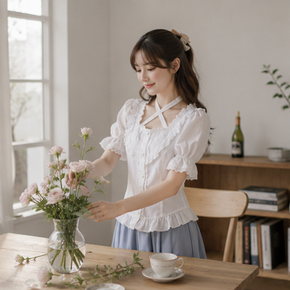 Lolita Ruffle Sleeve Blouse - Cute Cotton Cosplay Top for Women with Vintage Inspired Design and Elegant Party Styling