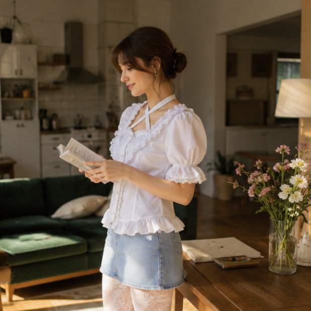 Lolita Ruffle Sleeve Blouse - Cute Cotton Cosplay Top for Women with Vintage Inspired Design and Elegant Party Styling