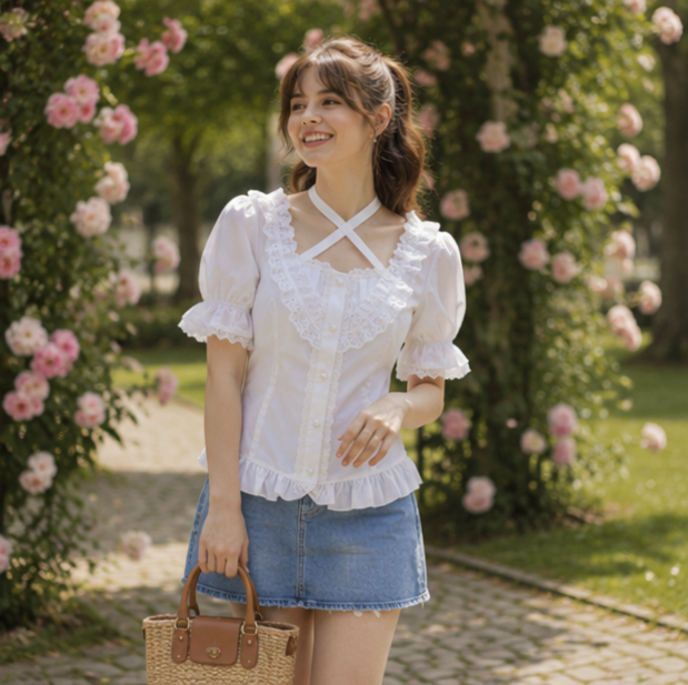 Lolita Ruffle Sleeve Blouse - Cute Cotton Cosplay Top for Women with Vintage Inspired Design and Elegant Party Styling