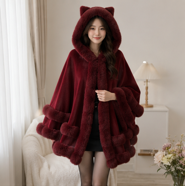 Luxury Faux Fur Cape Coat - Gradient Poncho Cardigan for Elegant Winter Fashion and Special Events