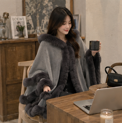 Luxury Faux Fur Cape Coat - Gradient Poncho Cardigan for Elegant Winter Fashion and Special Events