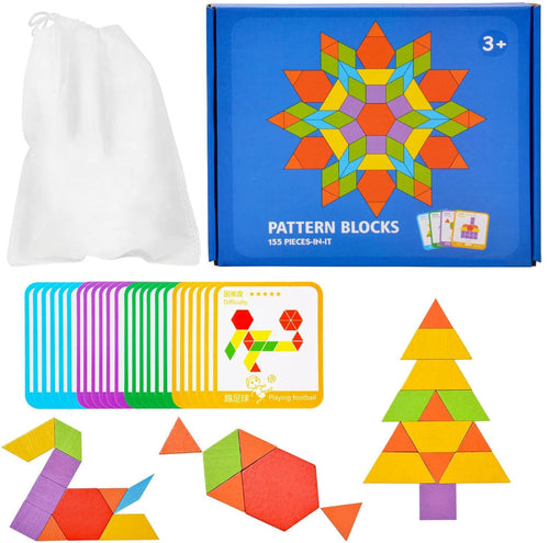 Wooden Pattern Blocks Set – 155-Piece Montessori Geometric Tangram Puzzle for Kids Developing Shape Recognition, Fine Motor Skills and Creativity
