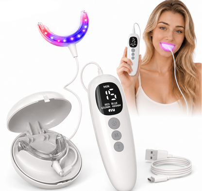 Red Light Oral Care Mouthpiece – Rechargeable LED Gum Therapy Device with Red and Blue Light, Timers and Detachable Easy Clean Tray