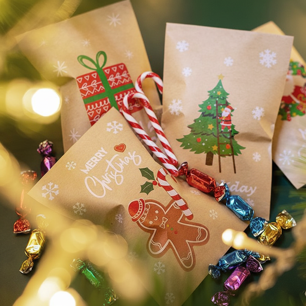 Christmas Kraft Gift Bags – Cookie and Biscuit Wrapping Paper Bags for Holiday Treats, Party Favors and Gift Packaging