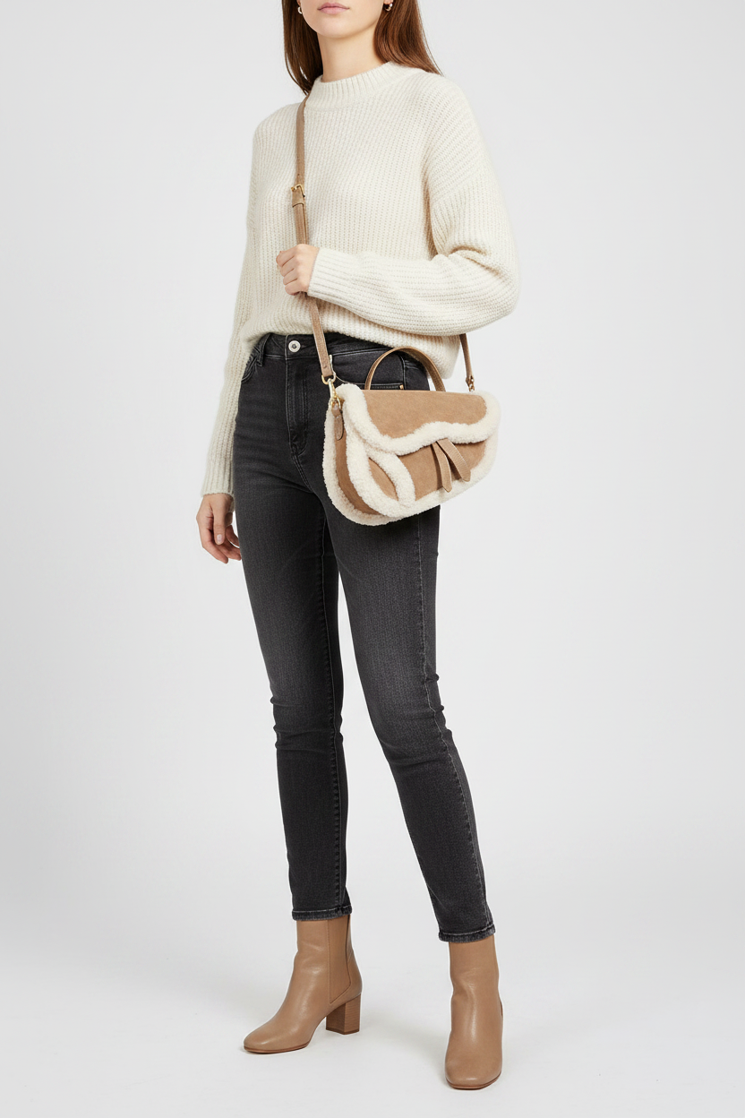 Patchwork Lamb Wool Crossbody Bag – Women's Y2K Shoulder Handbag with Wide Strap for Casual Fashion and Daily Wear