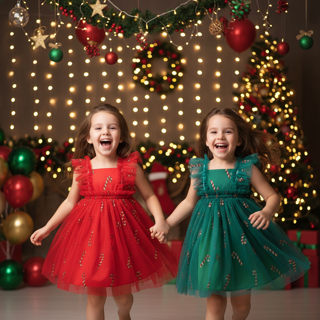 Princess Christmas Tulle Dress – Sleeveless Baby Girl Party Tutu Dress with Candy Cane Print for Holiday Celebrations