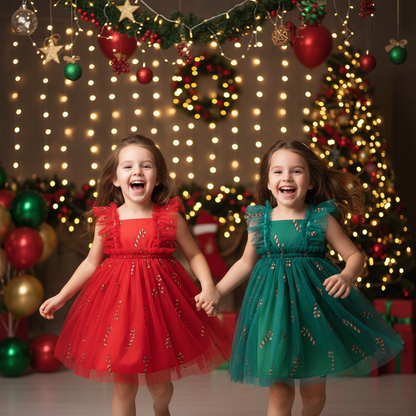Princess Christmas Tulle Dress – Sleeveless Baby Girl Party Tutu Dress with Candy Cane Print for Holiday Celebrations