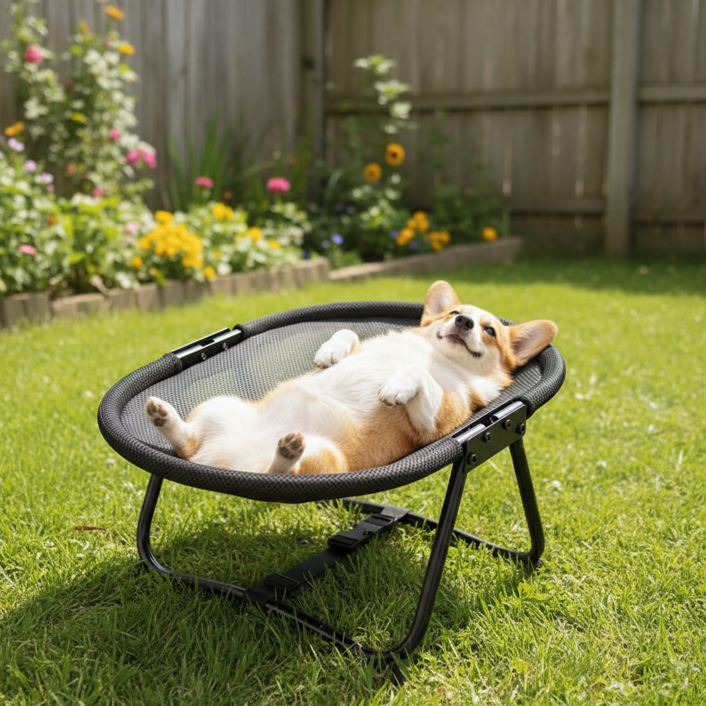 Foldable Elevated Pet Bed – Portable Breathable Mesh Cat and Dog Chair with Soft Flannel Cushion for Garden Outdoor and Travel