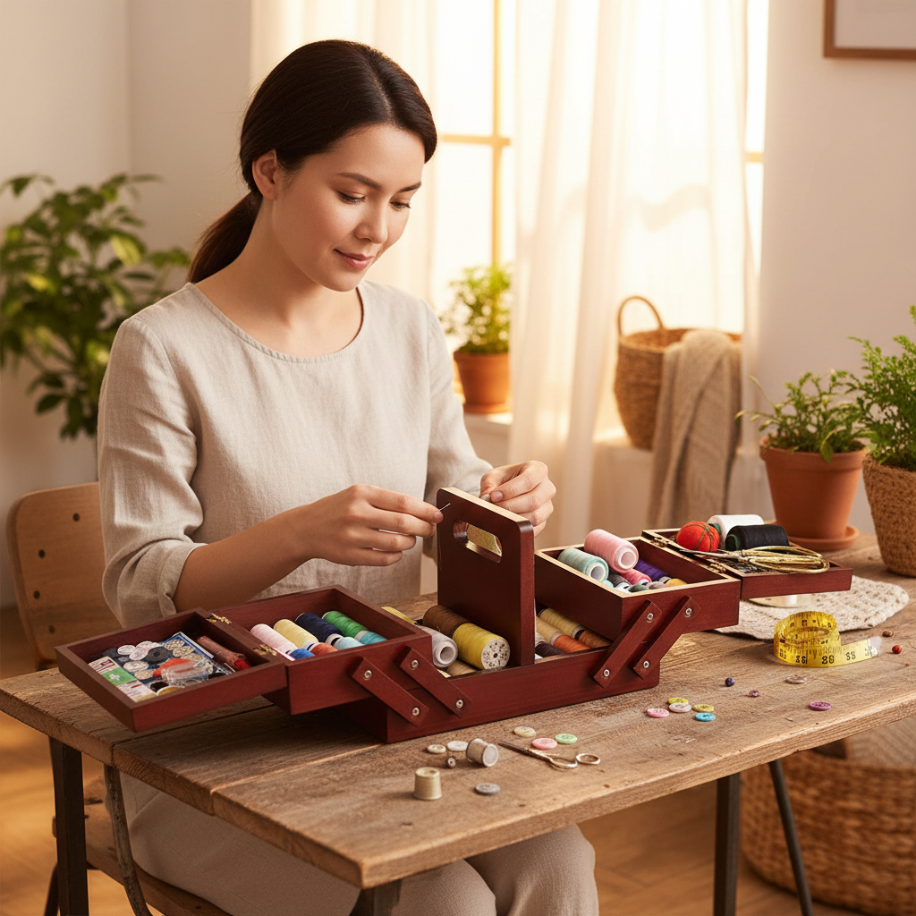 Wooden Sewing Box – Expandable Embroidery Storage Basket with Handle for Sewing Supplies, Threads, Needles and Portable Craft Organization