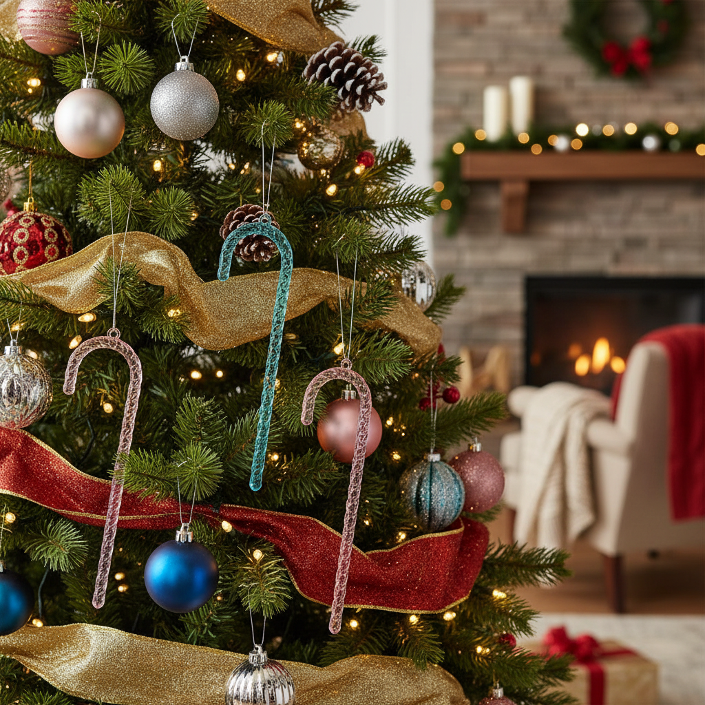 Acrylic Candy Cane Ornaments – Crystal Clear Christmas Tree Hanging Decorations for Winter Parties and Festive Holiday Displays