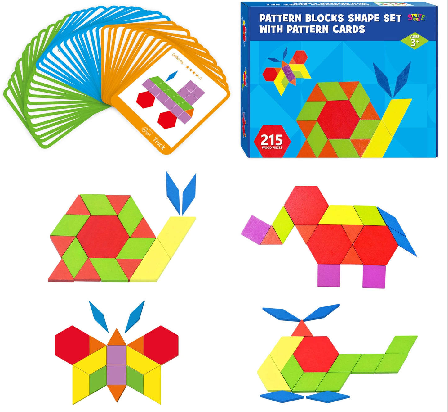 Wooden Pattern Blocks Set – 155-Piece Montessori Geometric Tangram Puzzle for Kids Developing Shape Recognition, Fine Motor Skills and Creativity