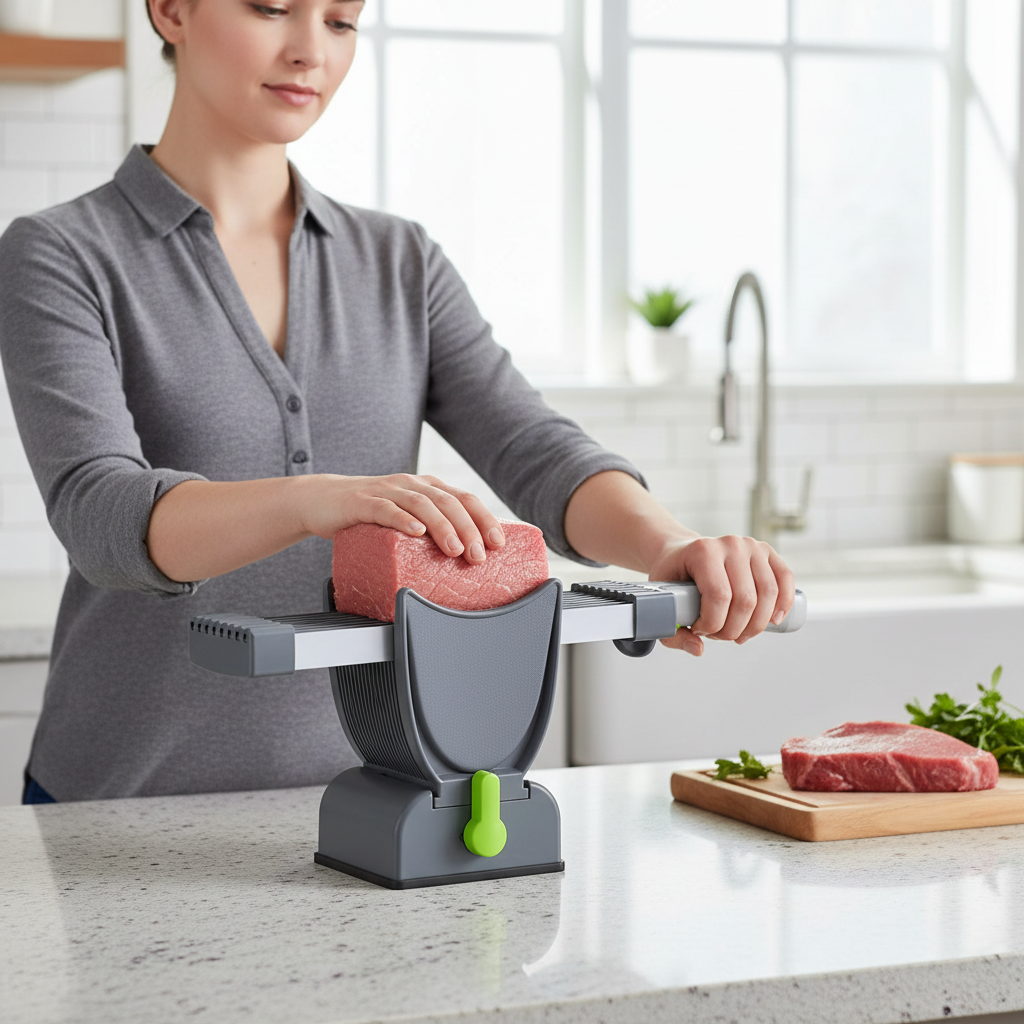 Adjustable Meat Slicer – Stainless Steel Manual Cutter with 2mm or 4mm Thickness Settings for Jerky, Meat and Kitchen Food Preparation