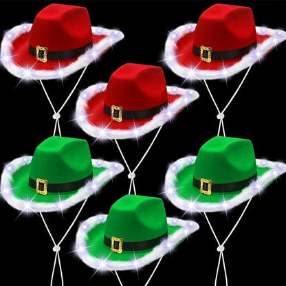 Light Up Santa Cowboy Hat – LED Western Christmas Party Hat for Holiday Costumes, Festivals and Photo Booth Fun