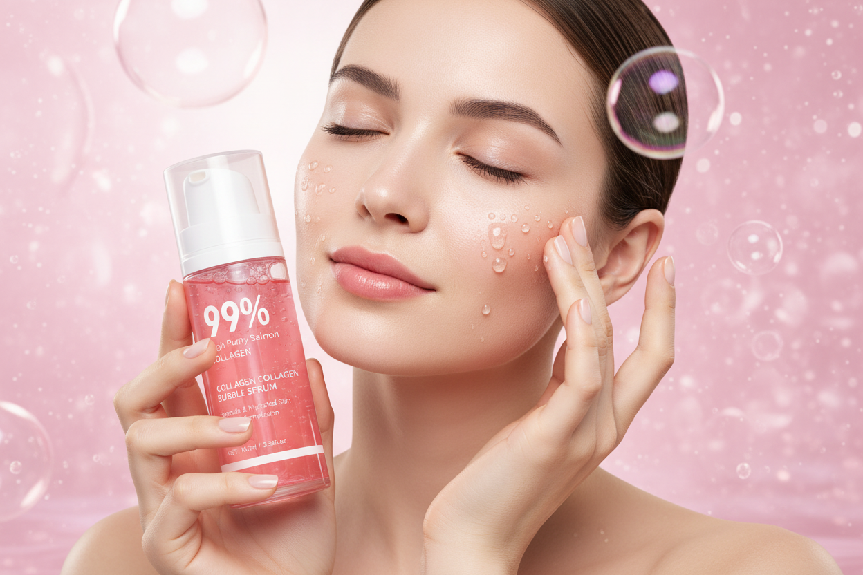 Pink Collagen Bubble Serum – PDRN and Low Molecular Collagen Glow Treatment for Firming, Hydration and Fast-Absorbing Facial Care