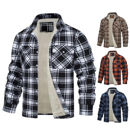 Men's Plaid Plush Winter Coat – Thick Mid Length Button Front Jacket for Casual Warmth and Everyday Outdoor Wear