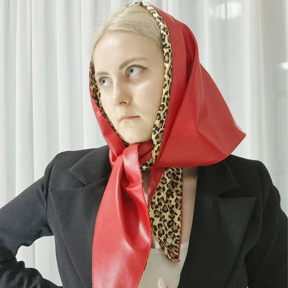 Double Sided Leopard Print Head Scarf – PU Leather Triangle Hijab for Women with Elegant Fashionable Everyday Styling